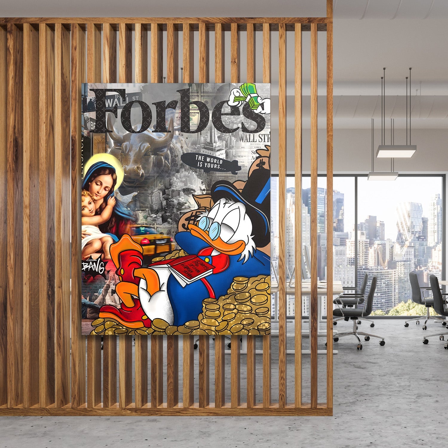 Motivational wall art pop art Scrooge McDuck on pile of coins with Wall Street in background in a modern office