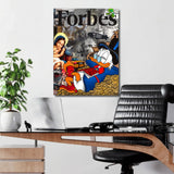 Motivational pop art wall art with Scrooge McDuck on coins and Wall Street collageu in a home office
