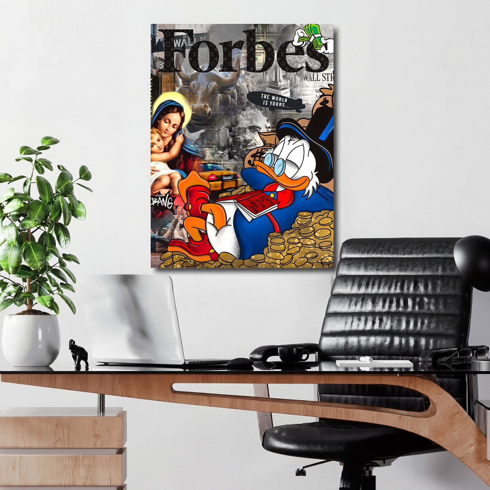 Motivational pop art wall art with Scrooge McDuck on coins and Wall Street collageu in a home office