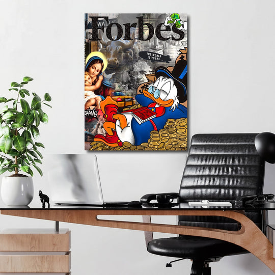 Motivational pop art wall art with Scrooge McDuck on coins and Wall Street collageu in a home office
