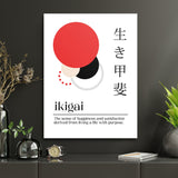 Ikigai motivational wall art for a study with a Japanese quote and abstract red and black circles