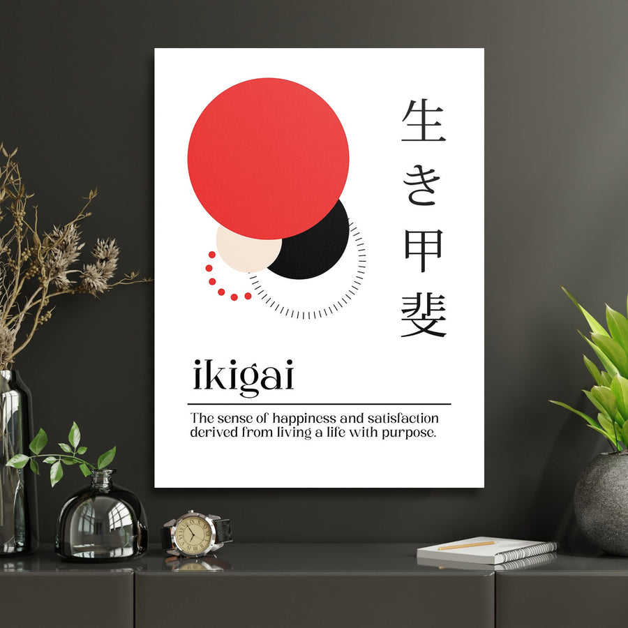 Ikigai motivational wall art for a study with a Japanese quote and abstract red and black circles