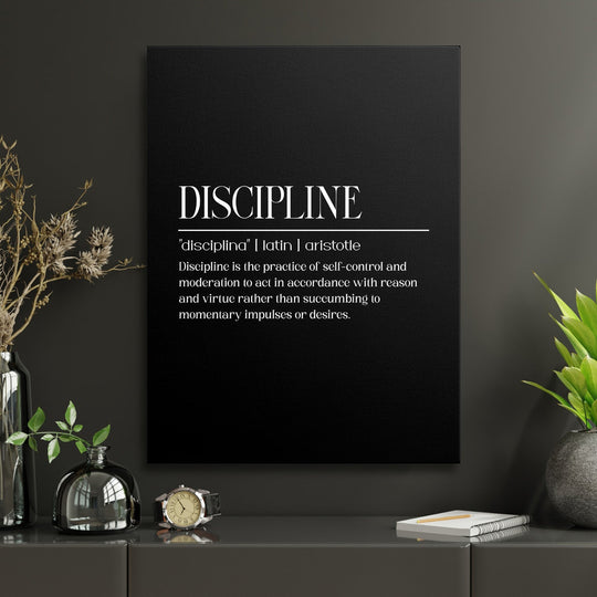 Black and white motivational wall art for a study with Aristotle’s quote about discipline, minimalist design