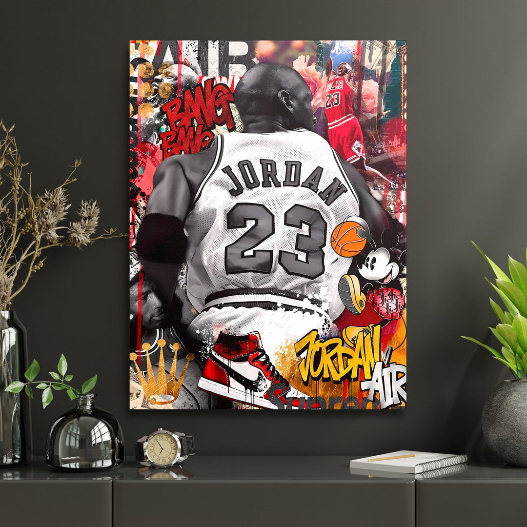 Pop art wall art of Michael Jordan with graffiti, sneakers and Mickey Mouse as motivational office wall art.
