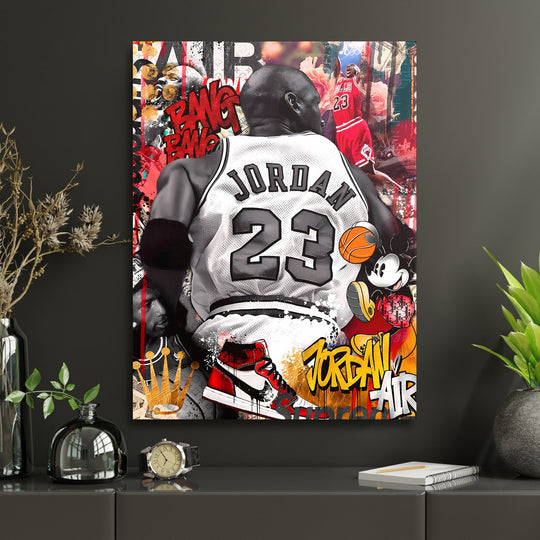 Pop art wall art of Michael Jordan with graffiti, sneakers and Mickey Mouse as motivational office wall art.