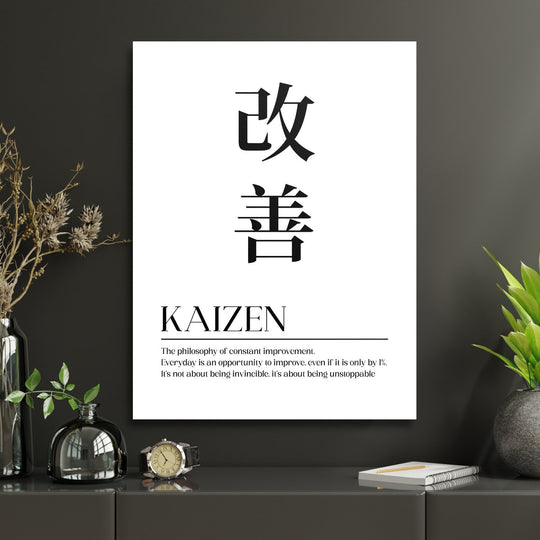 Kaizen motivational wall art for a study with Japanese text and an English quote in a minimalist design