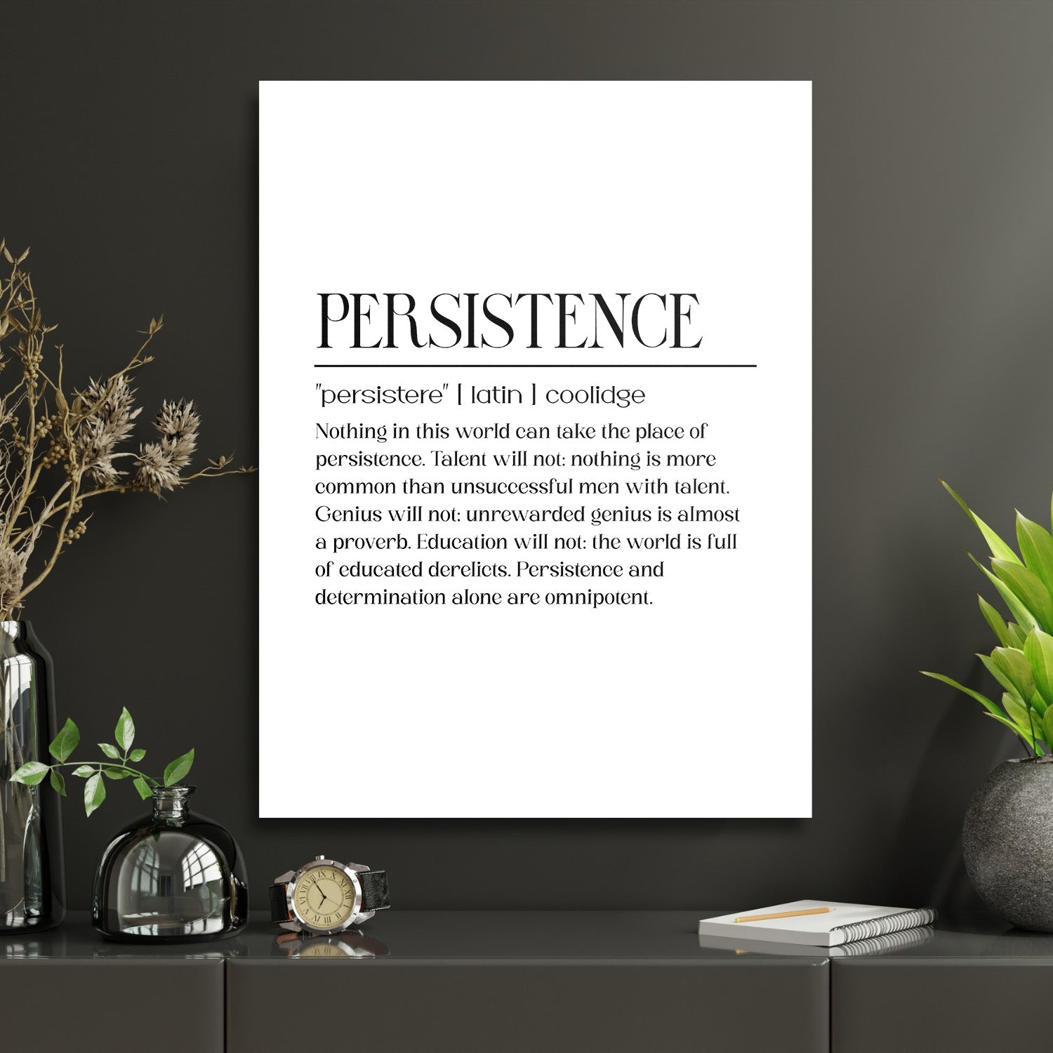 Motivational canvas print for a study with a minimalist black-and-white Persistence quote