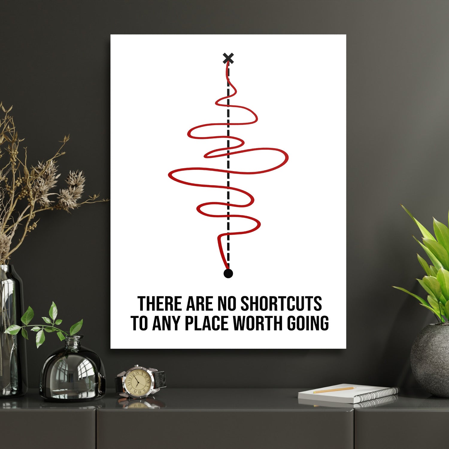 Motivational canvas print with a red curve and minimalist quote in a modern study