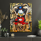 Motivational pop art canvas print with Scrooge McDuck on a throne and a dollar banknote background