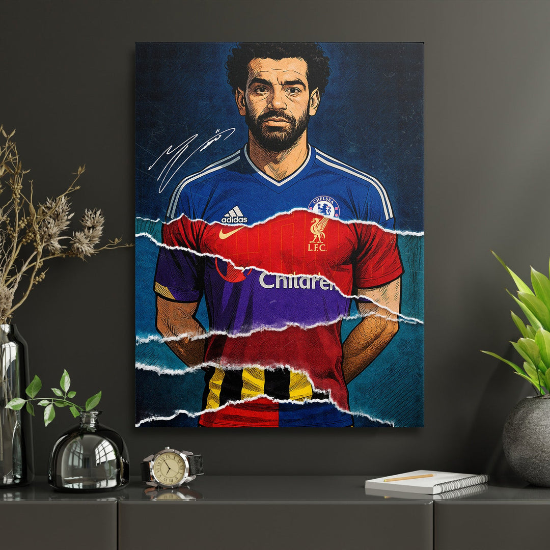 Modern wall art in an interior featuring a sports portrait of a soccer player with a jersey collage in pop art style.