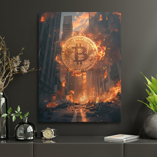 Motivational canvas print with burning Bitcoin and an apocalyptic city street in an office, cryptocurrency dark art