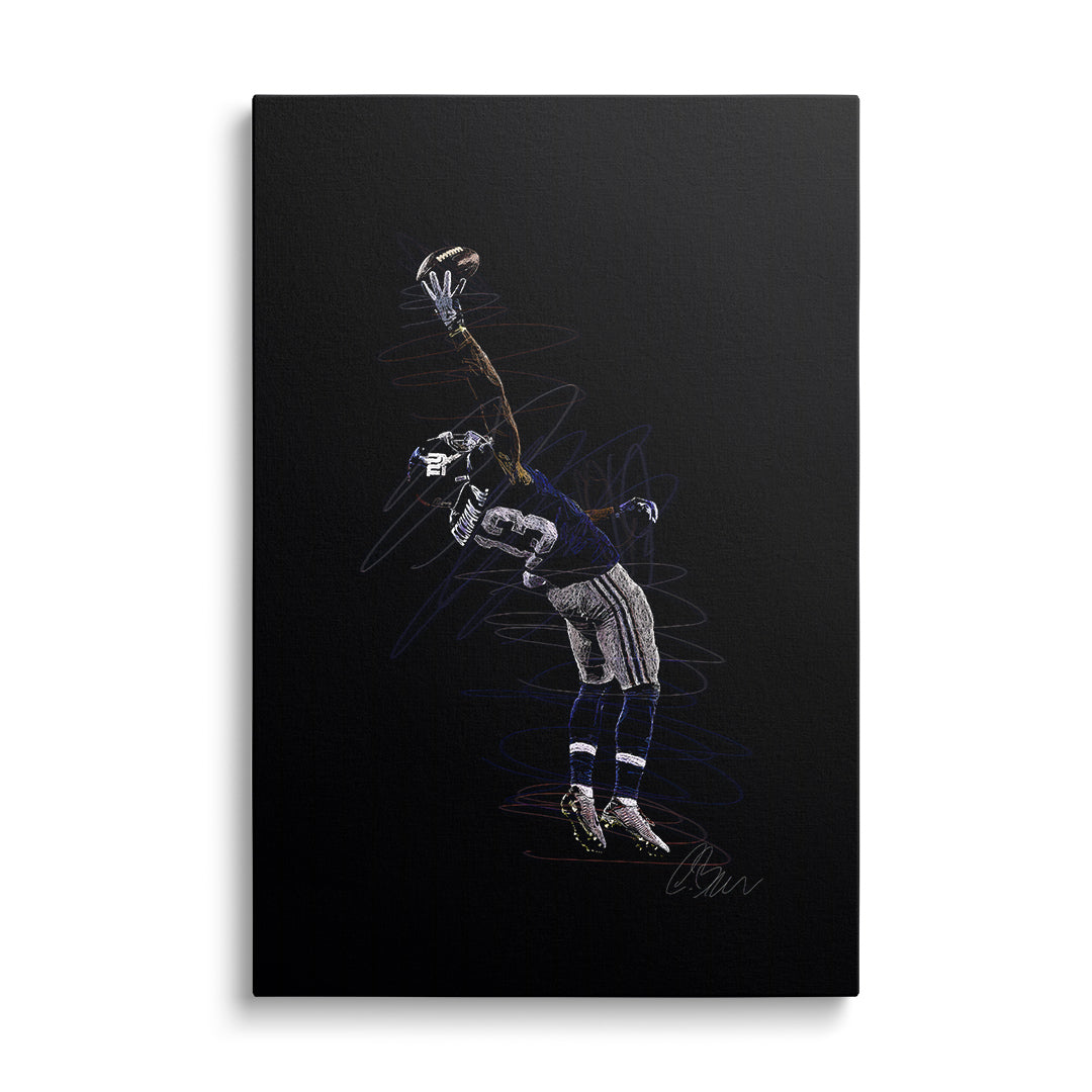 Motivational canvas wall art with a jumping soccer goalkeeper catching the ball, front view