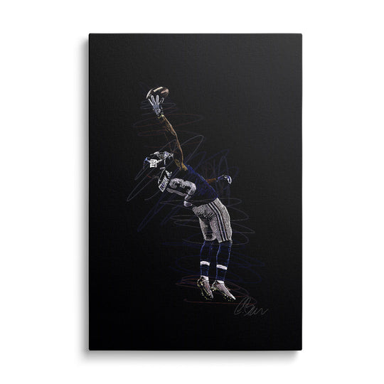 Motivational canvas wall art with a jumping soccer goalkeeper catching the ball, front view
