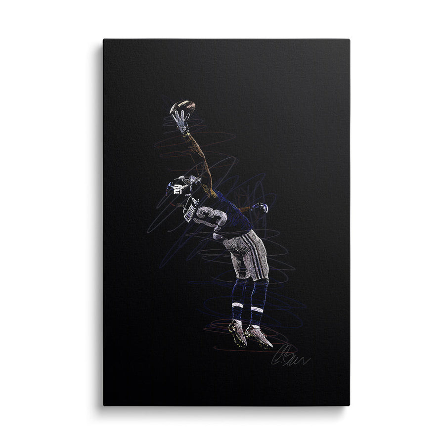 Motivational canvas wall art with a jumping soccer goalkeeper catching the ball, front view
