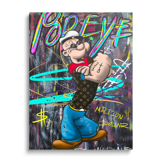 Pop art canvas wall art with a cartoon sailor, BELIEVE graffiti text and a dollar motif, front view.