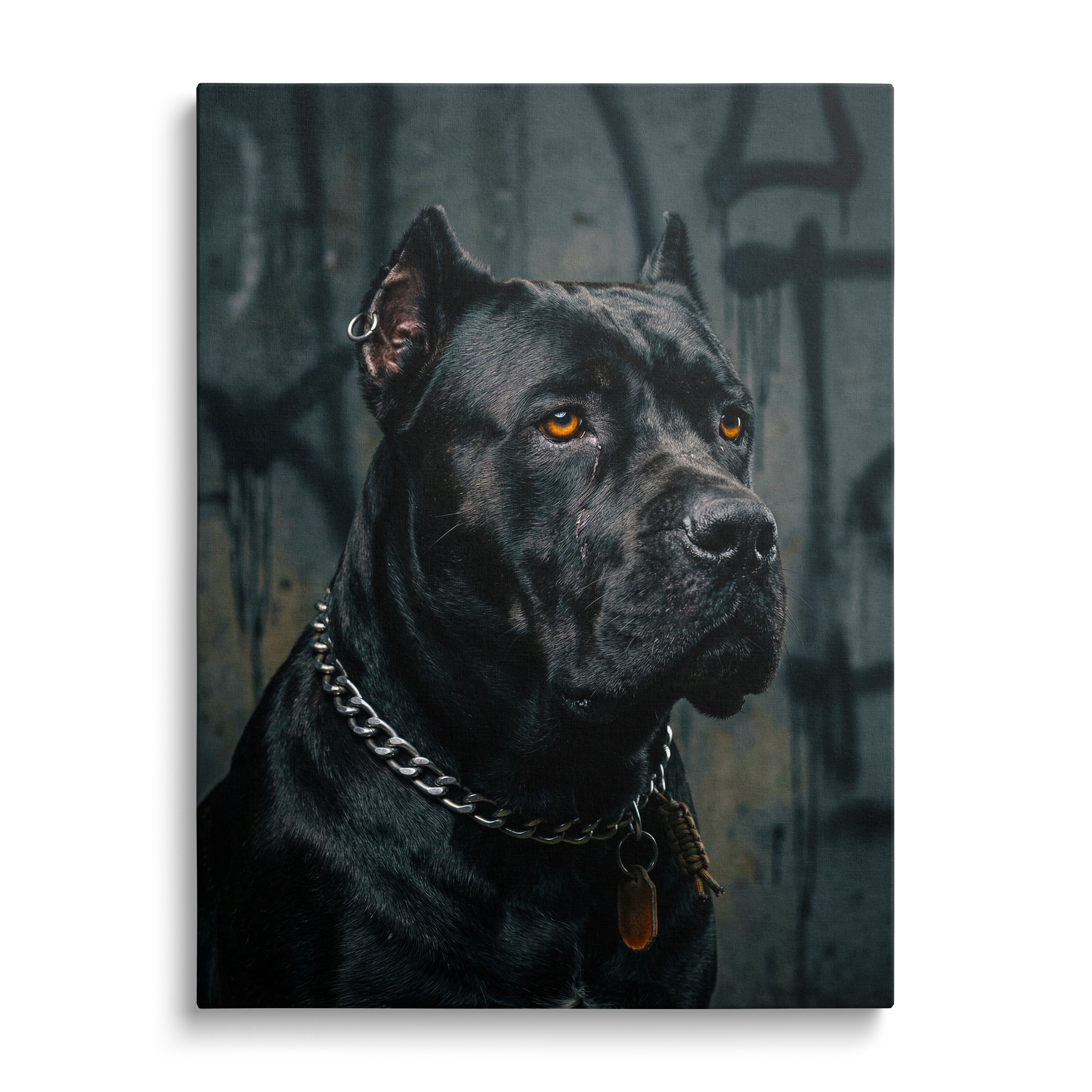Motivational canvas wall art with a black pit bull portrait on a dark street art background