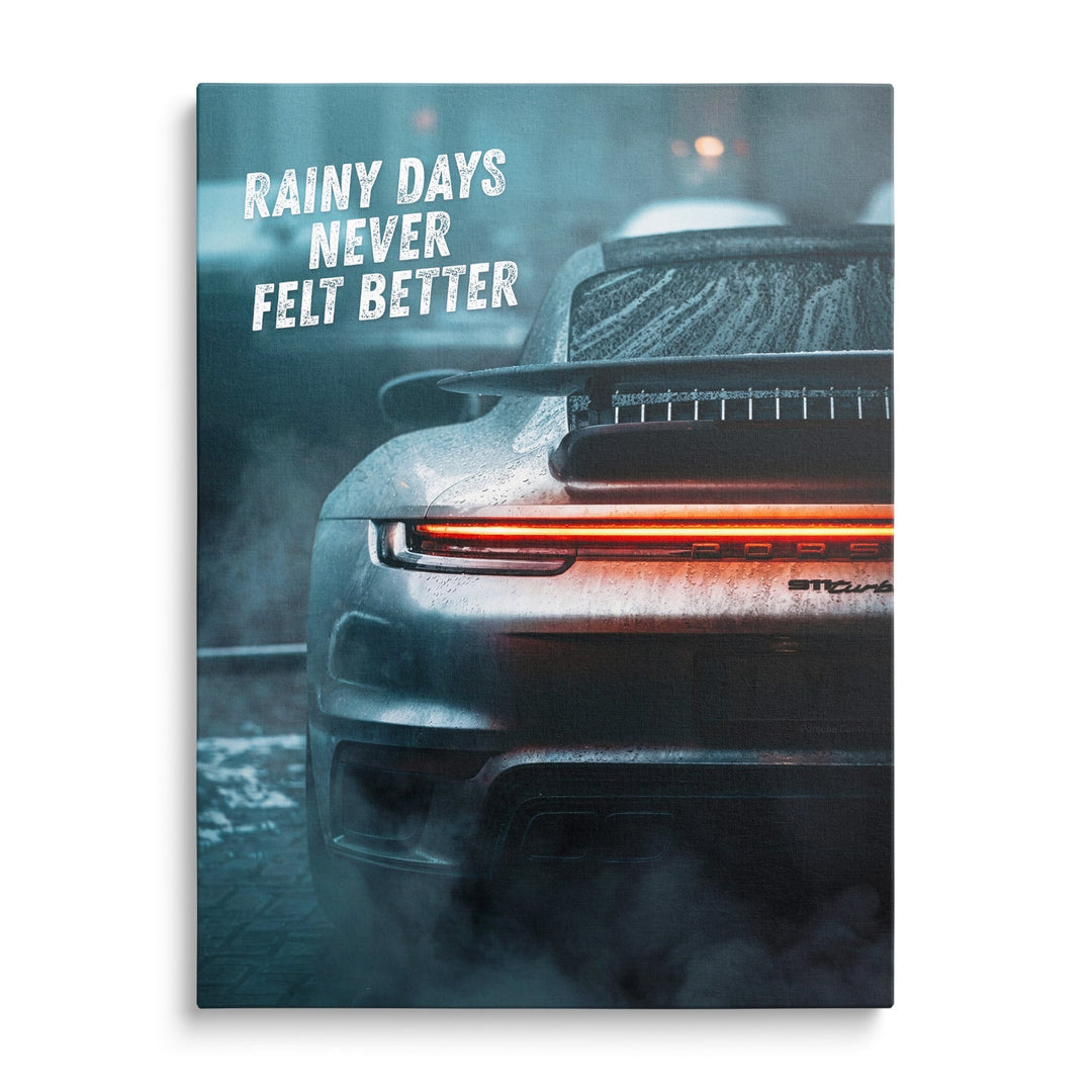 Motivational canvas wall art with wet rear light luxury car in rain, rear view