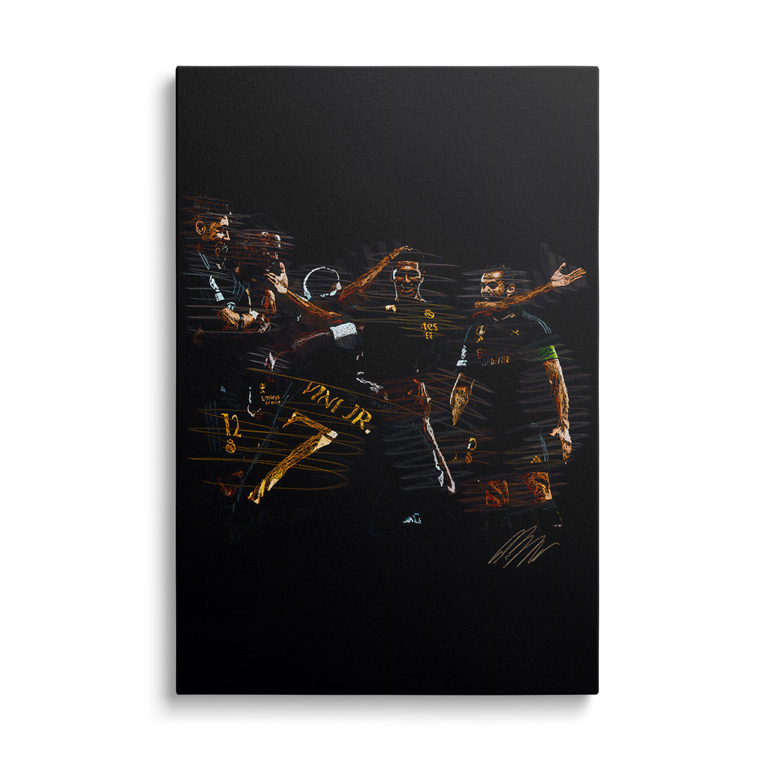 Modern canvas wall art with soccer players celebrating a goal, dynamic sports scene from the front