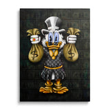Motivational canvas wall art with Scrooge McDuck holding money bags.