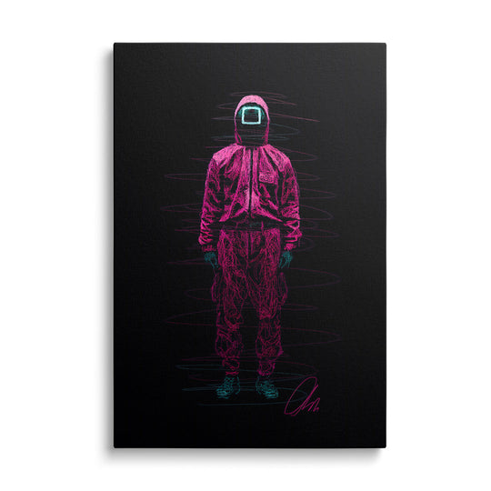 Pop art canvas wall art with a neon glitch portrait of a figure in a fuchsia suit and angular helmet, front view