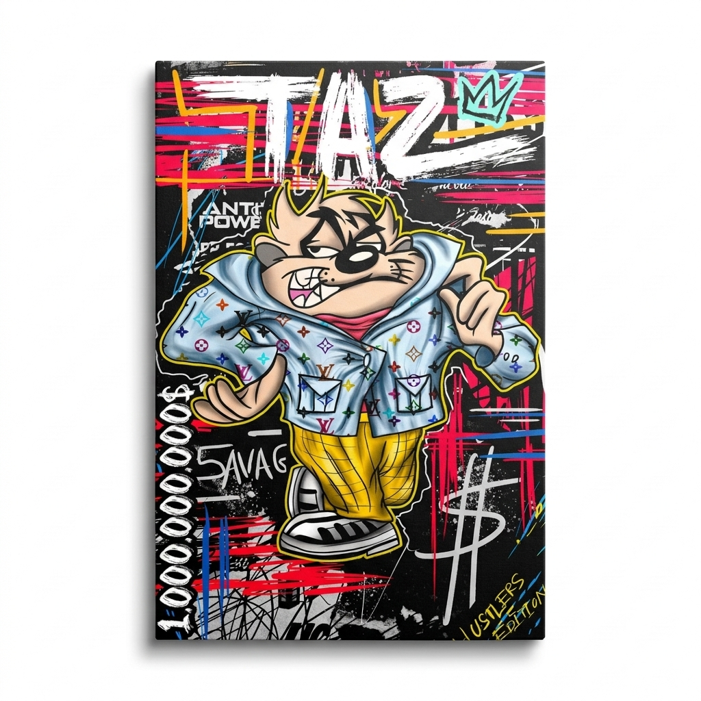 Pop art canvas wall art with the Tasmanian Devil, graffiti strokes, a dollar symbol and a street art motif.