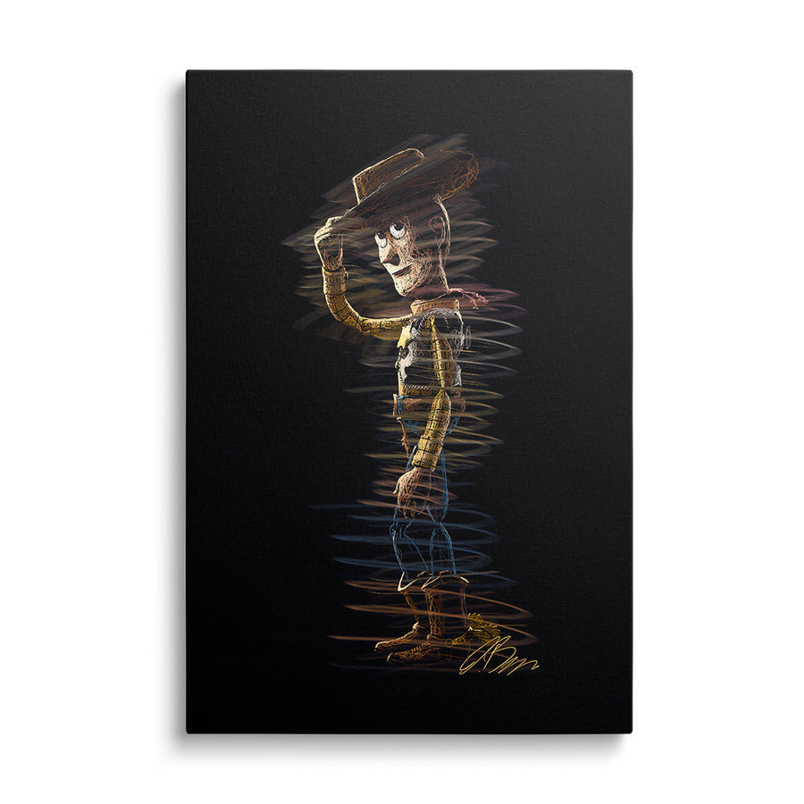 Pop art canvas print with a neon cowboy in doodle style on a black background, front view