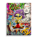 Pop art canvas print with Tweety in a Chanel hat and Marilyn Monroe in front of a colorful graffiti background