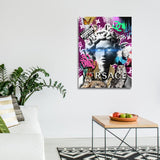Motivational pop art wall art with neon Medusa in graffiti style in a modern living room.
