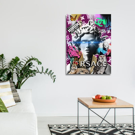 Motivational pop art wall art with neon Medusa in graffiti style in a modern living room.