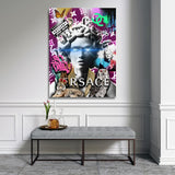 Motivational pop art wall art with graffiti Medusa, gold chains, tiger and neon luxury details in a hallway.