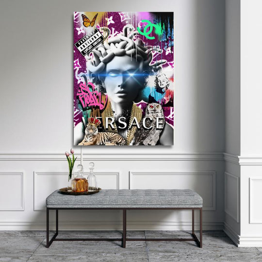 Motivational pop art wall art with graffiti Medusa, gold chains, tiger and neon luxury details in a hallway.