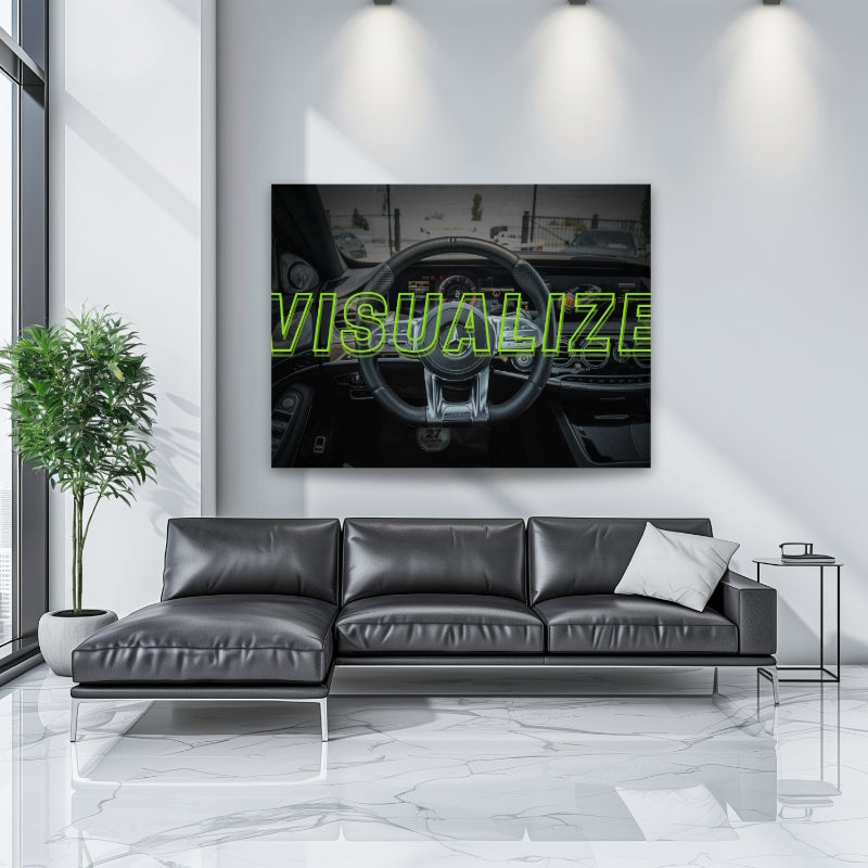 Motivational wall art with a luxury AMG steering wheel and neon "VISUALIZE" text in a modern living room
