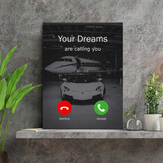 Motivational office canvas wall art with “Your Dreams Are Calling You” text, luxury car and private jet.