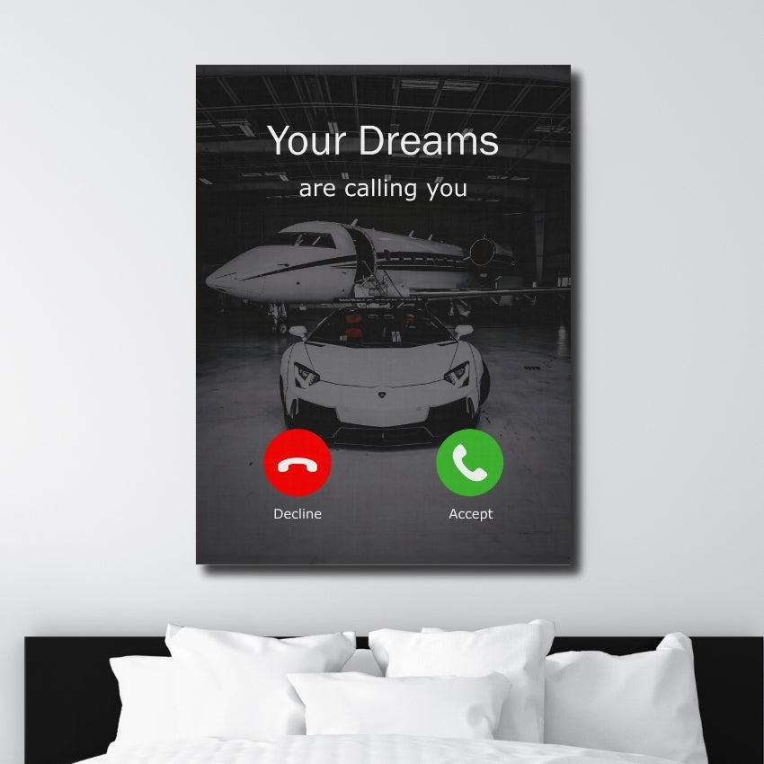 “Your Dreams Are Calling You” motivational wall art with Lamborghini and airplane in a bedroom, English quote decor.